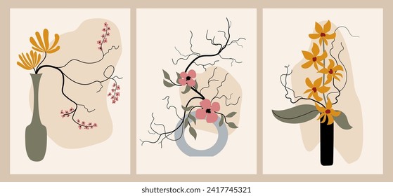 Natural hand-painted vector wall set. Flowers in vases, ikebana. Artistic drawing, abstract design of botanical art for wall decoration, printing, covers, wallpaper, advertising, flower exhibition.