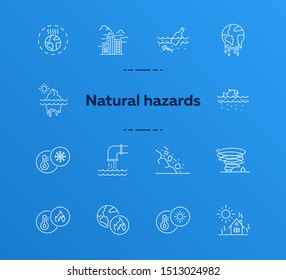 Natural hazards icons. Set of line icons. Liquid wastes, melting planet, tornado. Ecology concept. Vector illustration can be used for topics like environment protection, nature