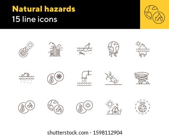 Natural hazards icons. Set of line icons. Liquid wastes, melting planet, tornado. Ecology concept. Vector illustration can be used for topics like environment protection, nature