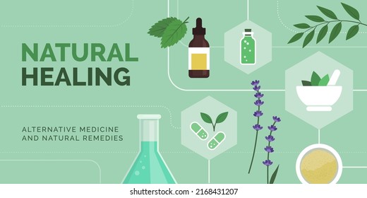 Natural healing and alternative medicine: plants, lab equipment and icons, banner with copy space