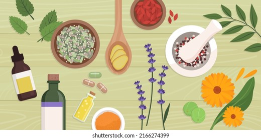 Natural healing and herbal medicine: herbal preparations, tools and plants