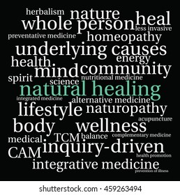 Natural Healing word cloud on a black background. 