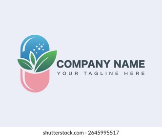 Logotipo Cápsula de Saúde Natural com Folhas e Grânulos
