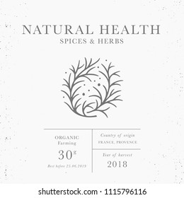 Natural health - emblem of packaging design template. Fresh local herbs collection. Organic herbs - logo in trendy linear style isolated on white background with texture