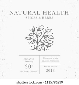 Natural health - emblem of packaging design template. Fresh local herbs collection. Organic herbs - logo in trendy linear style isolated on white background with texture