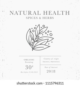 Natural health - emblem of packaging design template. Fresh local herbs collection. Organic herbs - logo in trendy linear style isolated on white background with texture