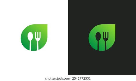 Modelo de design de logotipo alimentar de saúde natural. Comida vegetariana. Logotipo folha com ícone de garfo colher design gráfico vetor.