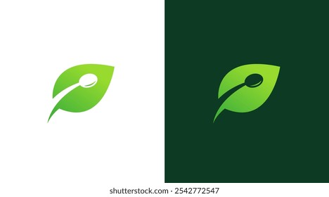 Modelo de design de logotipo alimentar de saúde natural. Comida vegetariana. Logotipo folha com ícone de garfo colher design gráfico vetor.