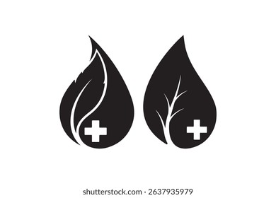 Natural Health Leaf Symbol in Black - Medical Cross Leaf Silhouette