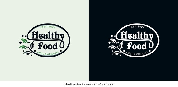 Natural healthy eating label logo design template with leaf symbol