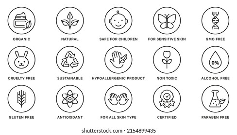 Natural Healthy Eco Bio Food, Cruelty Free, Non Alcohol and Paraben Label. Cosmetic Organic Product Line Black Set Stamp. Nature Sustainable Product Outline Sticker. Isolated Vector Illustration.