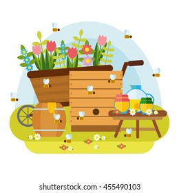 Natural healthy food production. Flat vector illustration. apiary. The cart of flowers, a barrel of honey and bee. Elements for infographic