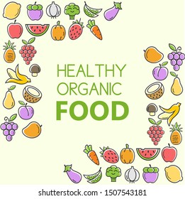 natural healthy food and vegetablrs vector background with flat icons design