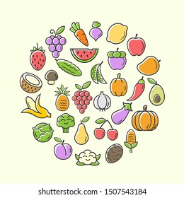 natural healthy food and vegetablrs vector background with flat icons design