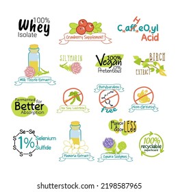 Natural healthy product, sticker element set. Whey isolate, cranberry supplement, caffeoyl acid sign at label design. Isolated on white silymarin, birch extract and no soy lecithin emblem collection