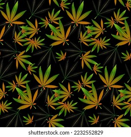 Natürliche Hanfillustration mit verschiedenen eleganten Formen, botanisch mit Farbverlauf-einfarbigem Leaf, orange, schwarz, gelb, weißer Hintergrund Nahtlose Muster, entwickelt für Hemd, T-Shirt 