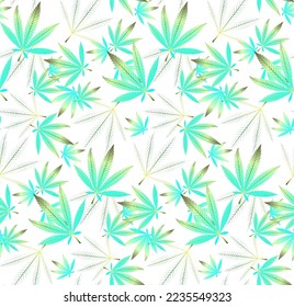 Natürliche Hanfillustration mit verschiedenen eleganten Formen, botanisch mit Farbverlauf-einfarbigem Leaf, orange, schwarz, gelb, weißer Hintergrund Nahtlose Muster, entwickelt für Hemd, T-Shirt 