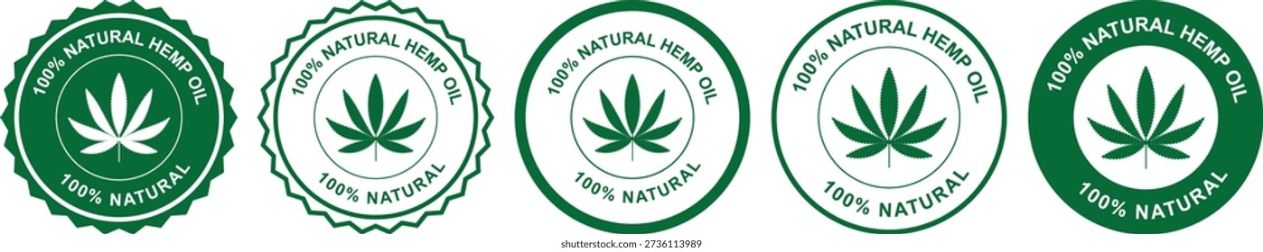 Natural hemp oil certification badge set with green leaf icons