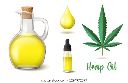 Natural hemp oil icons set, flask and glass bottle, drop, hemp, cannabis hemp leaf, yellow essence cosmetic or aroma oil, vector illustration isolated on white background