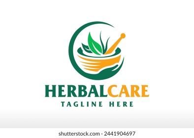 Natural Herbal Care with Mortar Pestle Logo Design vector icon symbol illustrations. A multifunctional logo that can be used in many natural medicine business companies and herbal pharmacy.