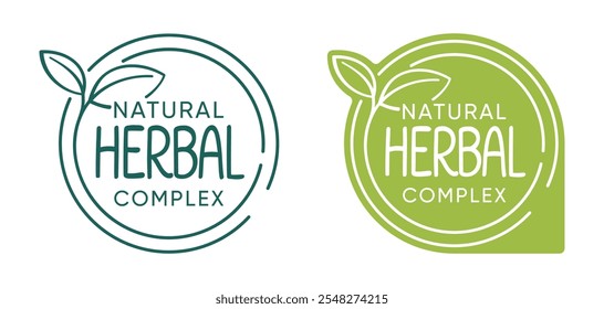 Insignia de Complejo de Hierbas Naturales para el etiquetado de cosméticos que contiene ingredientes orgánicos. En estilo caligráfico