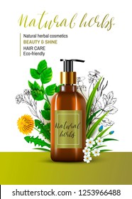 Natural herbal cosmetic. 3d realistic ads illustration: shampoo bottle, plants and flowers. Hair care product. Wild healing pharmacy herbs. Vintage flowers. Hand drawing sketch vector background.