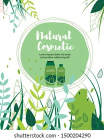 Natural Herbal Cosmetic Flat Catoon Banner Vector Illustration. Shampoo and Balm Bottles. Hair Care Products. Pharmacy Herbs with Leaves. Organic Products Business, Advertising and Promotion.