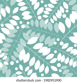 Natural herbal floral seamless pattern. White leaves on a blue and green background. Print, printing on fabric and paper, garment decoration and wrapping. Vector illustration