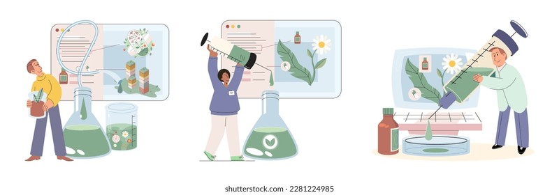 Natural herbal medication researches in laboratory. Traditional medicine concept. Scientist doctors characters make drugs of medical plants, herbal ingredients, extracts, preparing homeopathic recipes