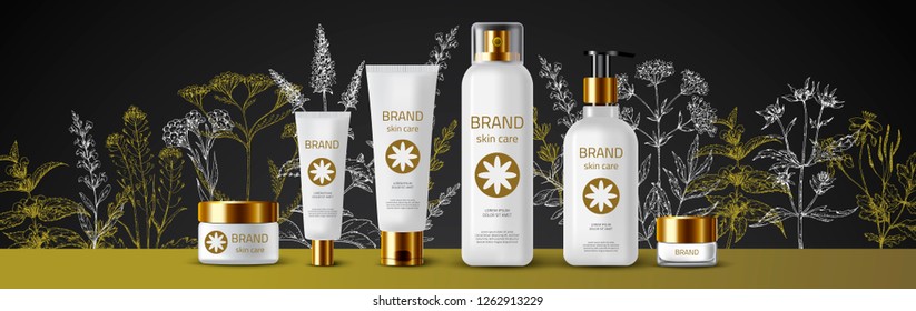 Natural herbal organic cosmetic. 3d realistic ads illustration: cream, tube, spray, bottle, herbs, flowers. Skin care mockup product. Vector medical black background. Sketch hand drawn pharmacy plants