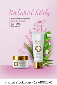 Natural herbal organic cosmetic. 3d realistic ads illustration: cream, tube, plants. Skin care product. Vector pink background. Vintage hand drawn pharmacy flowers.