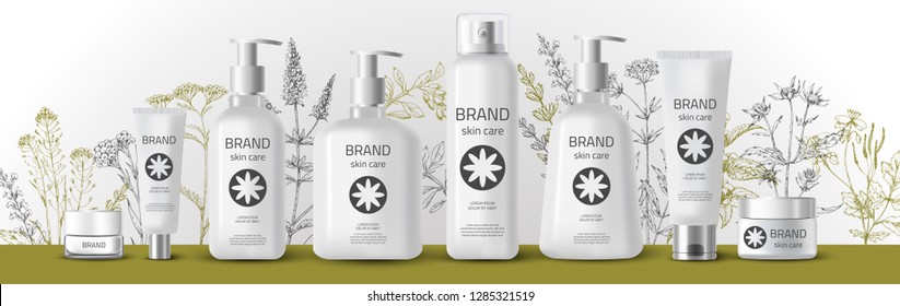 Natural herbal organic cosmetic. 3d realistic ads illustration: cream, tube, spray, bottle, herbs, flowers. Skin care mockup product. Vector medical background. Sketch hand drawn pharmacy plants.