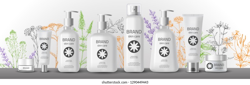 Natural herbal organic cosmetic. 3d realistic ads illustration: cream, tube, spray, bottle, herbs, flowers. Skin care mockup product. Vector medical background. Sketch hand drawn pharmacy plants.