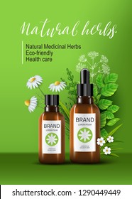 Cosmética natural orgánica de hierbas. Ilustración de anuncios realistas 3D: botella de farmacia, plantas, manzanilla. Producto sanitario. Fondo verde natural vectorial. С flores de farmacia osmética.