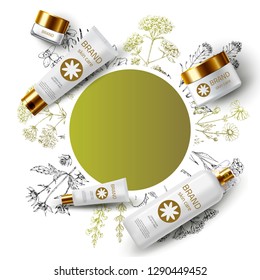 Natural herbal organic cosmetic. 3d realistic ads illustration: cream, tube, spray, bottles, herbs, flowers. Skin care mockup product. Vector medical background. Sketch hand drawn pharmacy plants.