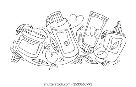 Natural herbal organic cosmetic. Hand drawn illustration: cream, tube, spray, bottle, herbs, leaves, berries. Black and white continuous line, art line. Concept of plant eco cosmetics for skin.