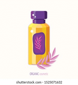 Natural herbal organic cosmetic. Plant cosmetics. Skin care product. Stylized Bottle with tonic, lotion or cleanser for facial care in flat vector. The concept of ecological and natural products. 