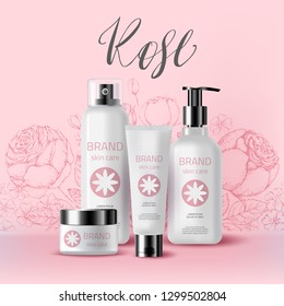 Cosmética natural orgánica de hierbas. Rosas. Ilustración de anuncios realistas 3D: crema, tubo, spray. Producto de simulación para el cuidado de la piel. Fondo rosa elegante vectorial. Dibuja flores dibujadas a mano. Marco floral.