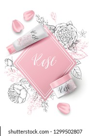 Natural herbal organic cosmetic. Roses and pink petals. 3d realistic ads illustration: cream, tube. Skin care mockup product. Vector elegant pink background. Sketch hand drawn flowers. Floral frame.