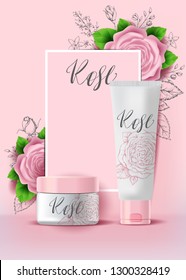 Natural herbal organic cosmetic. Roses. 3d realistic ads illustration: cream, tube. Skin care mockup product. Vector elegant pink background. Sketch hand drawn flowers. Floral frame.