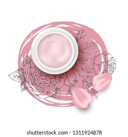 Natural herbal organic cosmetic. Roses and pink petals. 3d realistic ads illustration: Jar of cream. Skin care mockup product. Top view. Vector pink background. Sketch hand drawn flowers.