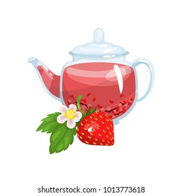 Natural herbal tea in a glass transparent teapot with fresh mint and strawberry vector Illustration