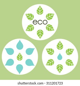Natural hexagonal symmetrical icons logo with leaves and water drops and eco lettering with round white background