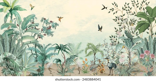 Natural High Quality Mural Design, Tropical Mural wall Design, Watercolor Background with brids.