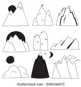 Natural highlands landscape set. Mountains in the doodle style.