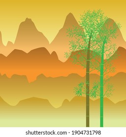 Natural hillside landscape with bamboo, vector illustration