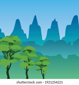 natural hillside landscape and tree, vector illustration 