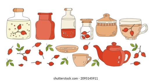 Conjunto de elementos de tratamiento natural del hogar. Colección de ilustraciones vectoriales dibujadas a mano para el diseño. Caderas de rosas, tazas de té, tetera, plato, frasco de mermelada.