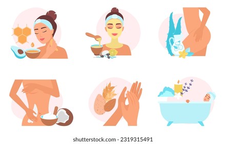 Natural homemade cosmetics set vector illustration. Cartoon girls apply beauty treatment and spa diy remedy from organic food ingredients, body and facial care with vitamins and essential oil