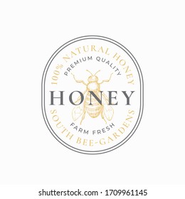 Natural Honey Badge or Logo Template. Hand Drawn Bee Sketch with Retro Typography and Borders. Vintage Premium Emblem in Oval Frame. Isolated.